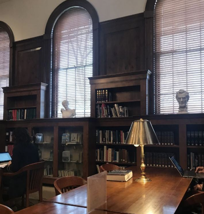 Breathtaking reading room adorned with statues and chandliers, Old Grennwich, CT